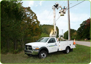 SyncGlobal's OSP crew working on overhead wires in a bucket truck.